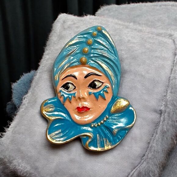 Made In Germany Kuhn Kinn Pewter Carnival Woman’s Face Enamel Brooch - Picture 1 of 4
